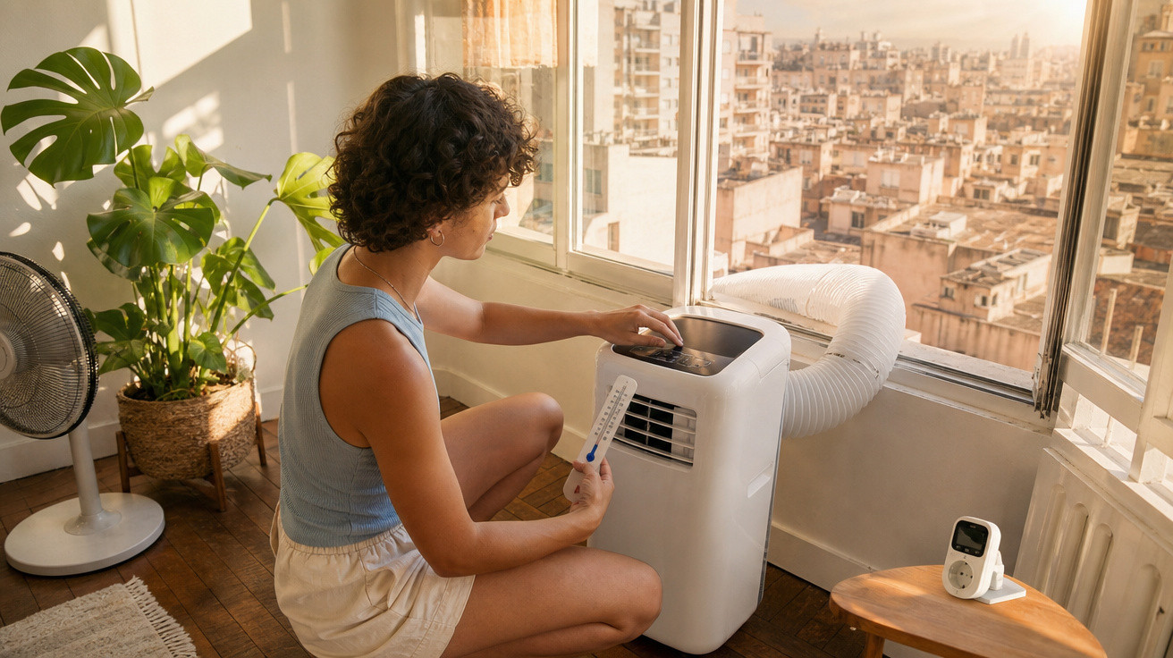 Pessoa ajusta ar-condicionado portátil perto de janela aberta em ambiente interno com ventilador e planta.