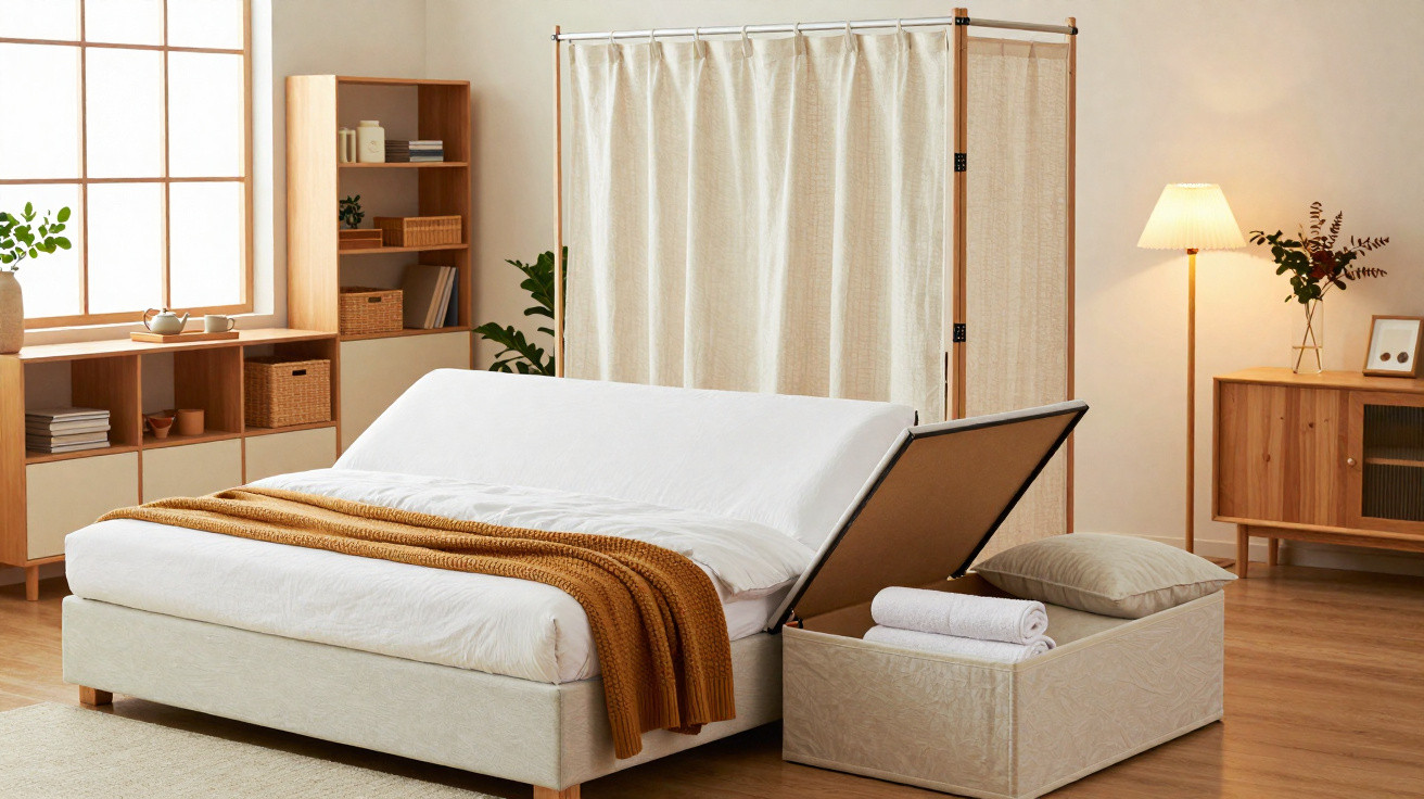 Quarto com cama ajustável, cobertor marrom, biombo branco e escrivaninha em estilo escandinavo.