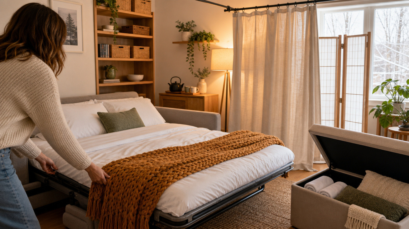 Mulher arrumando cama dobrável em quarto com decoração aconchegante e luz natural vindo da janela.