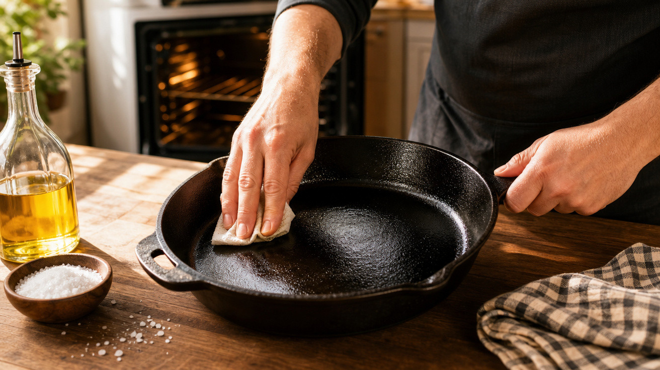 Pessoa untando frigideira de ferro com pano, azeite e sal sobre mesa de madeira na cozinha.