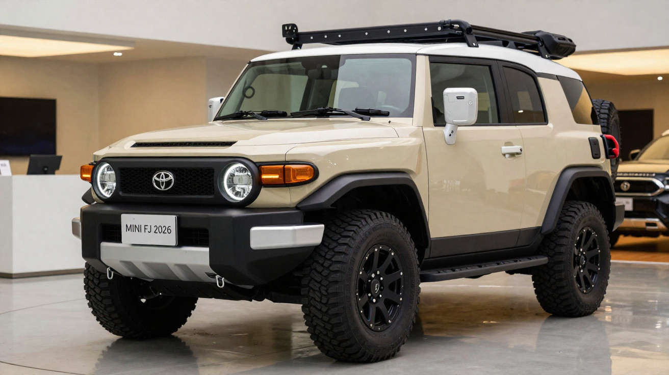 SUV Toyota Mini FJ 2026 bege com pneus off-road e bagageiro no teto em showroom interno.