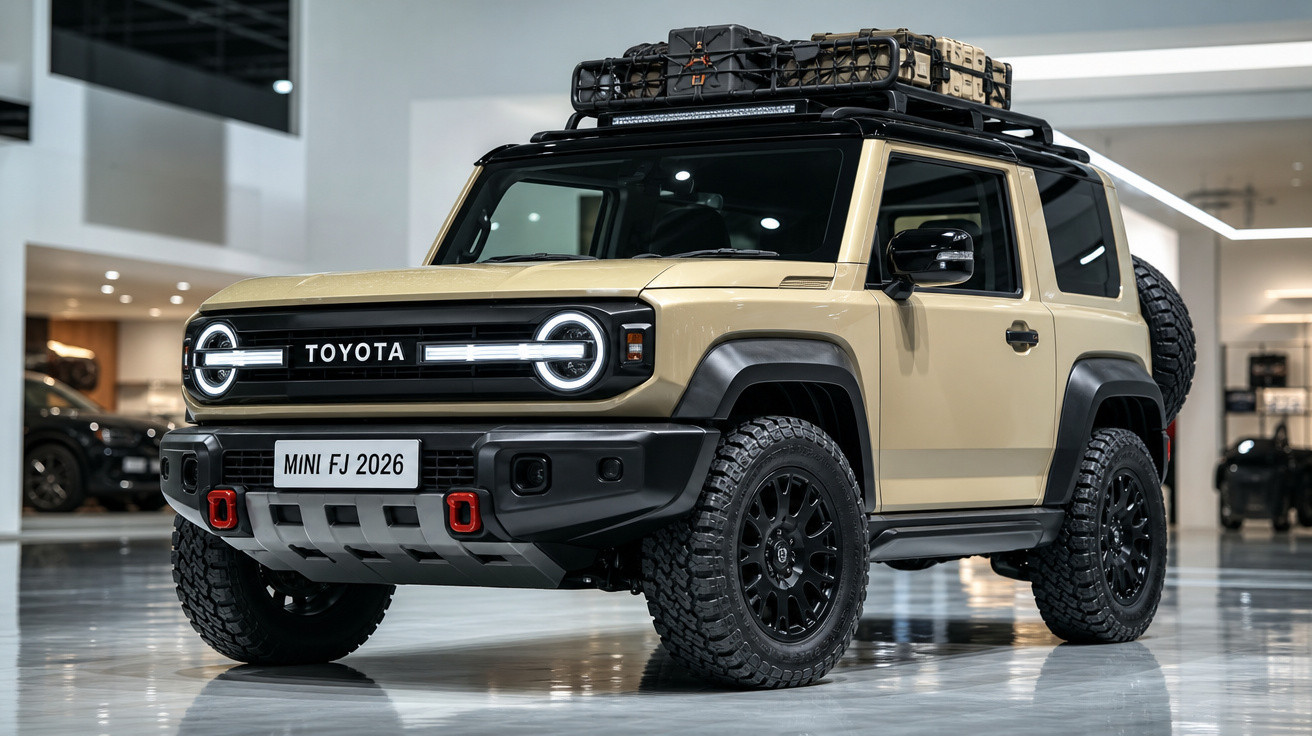 SUV compacto Toyota Mini FJ 2026 bege com detalhes pretos exposto em showroom moderno.