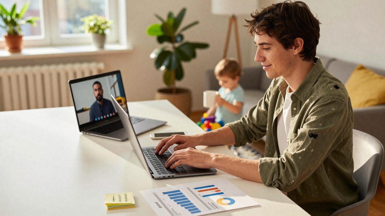 Homem jovem trabalhando em laptop em casa com criança ao fundo e reunião virtual em outro computador.