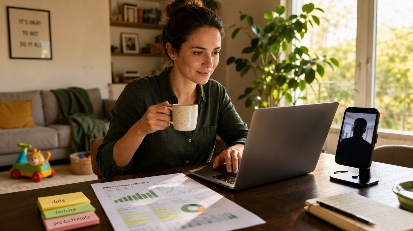 Mulher trabalha em home office com laptop, tomando café e participando de chamada de vídeo no celular.