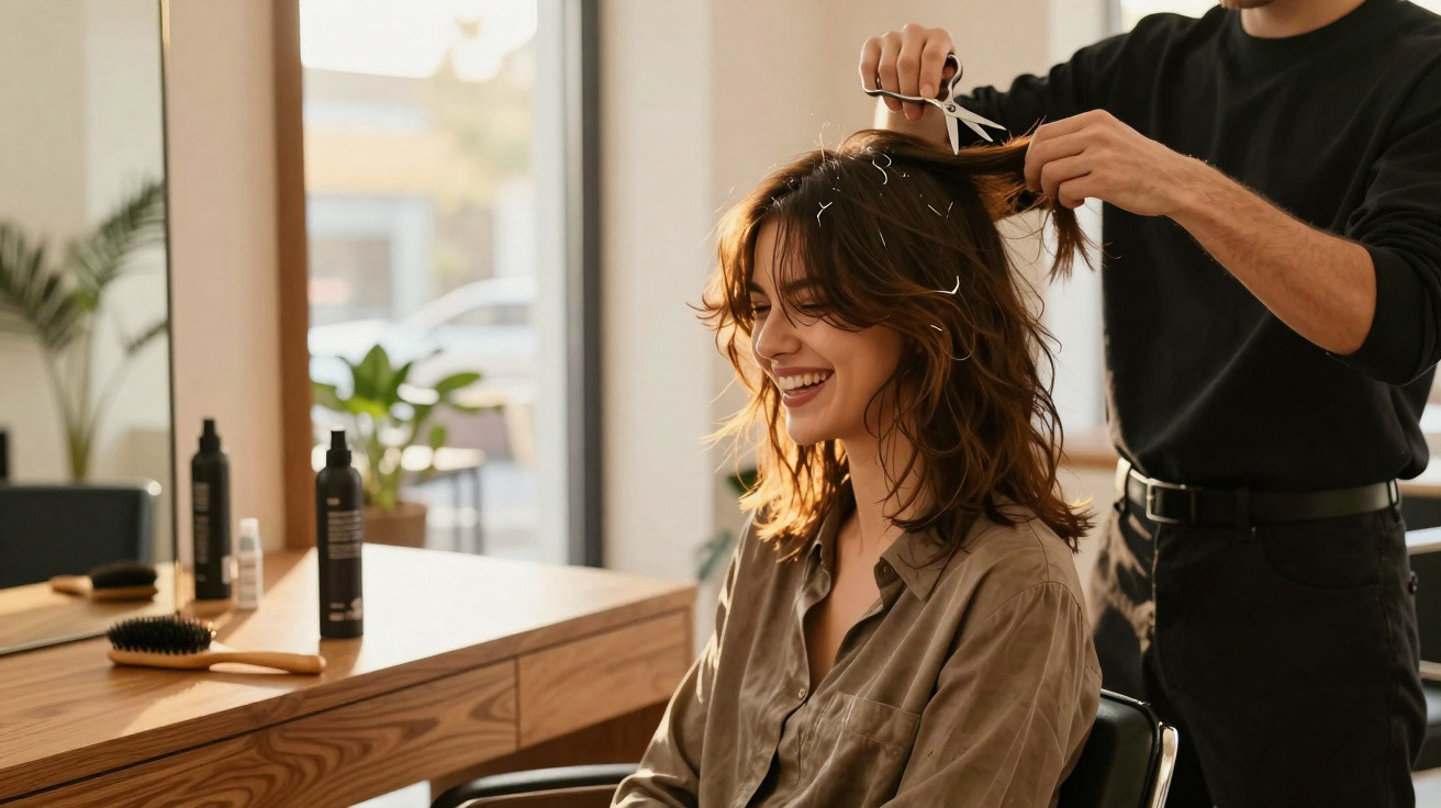 Mulher sorridente sentada enquanto cabeleireiro corta seu cabelo em salão iluminado.