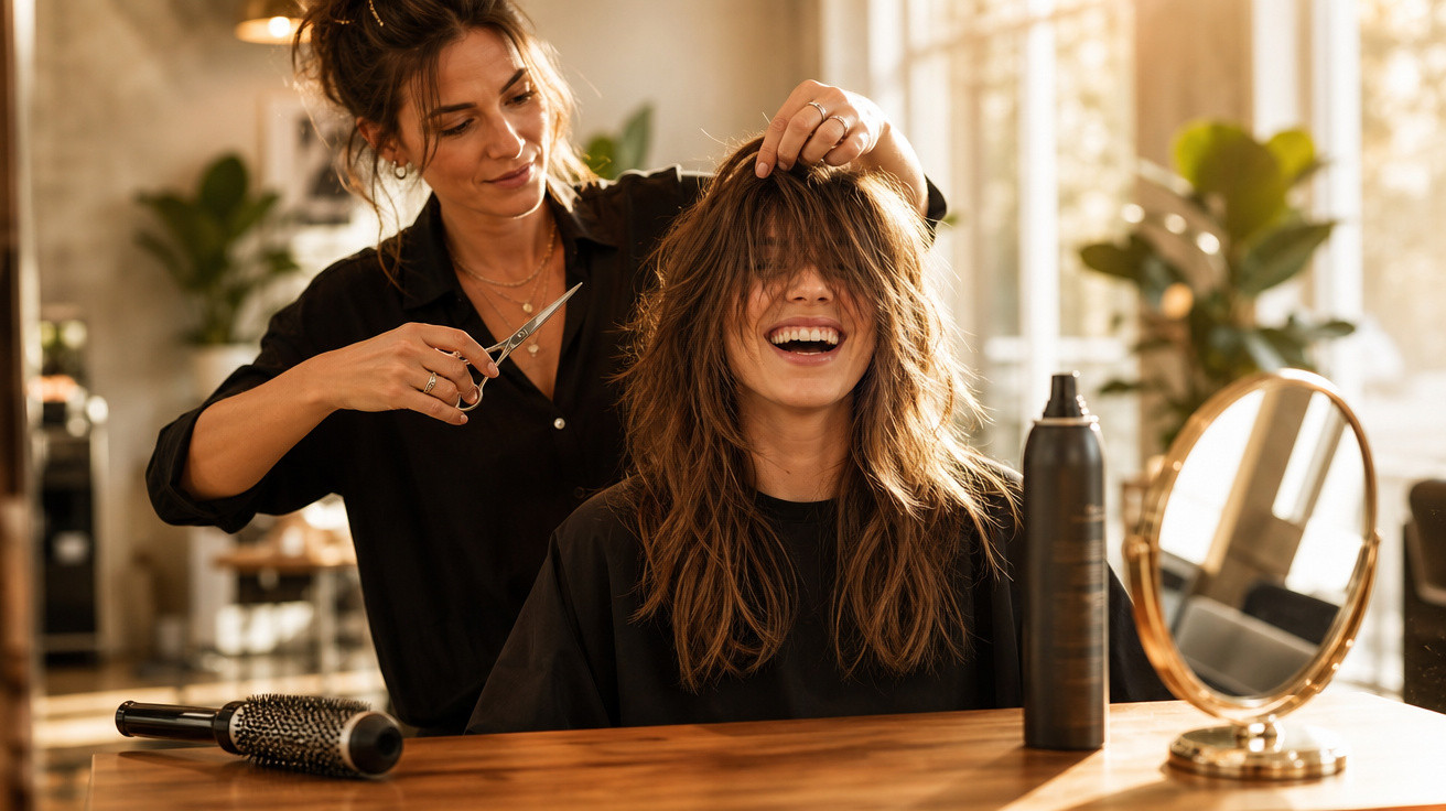 Mulher feliz fazendo corte de cabelo em salão com cabeleireira sorridente ao fundo.