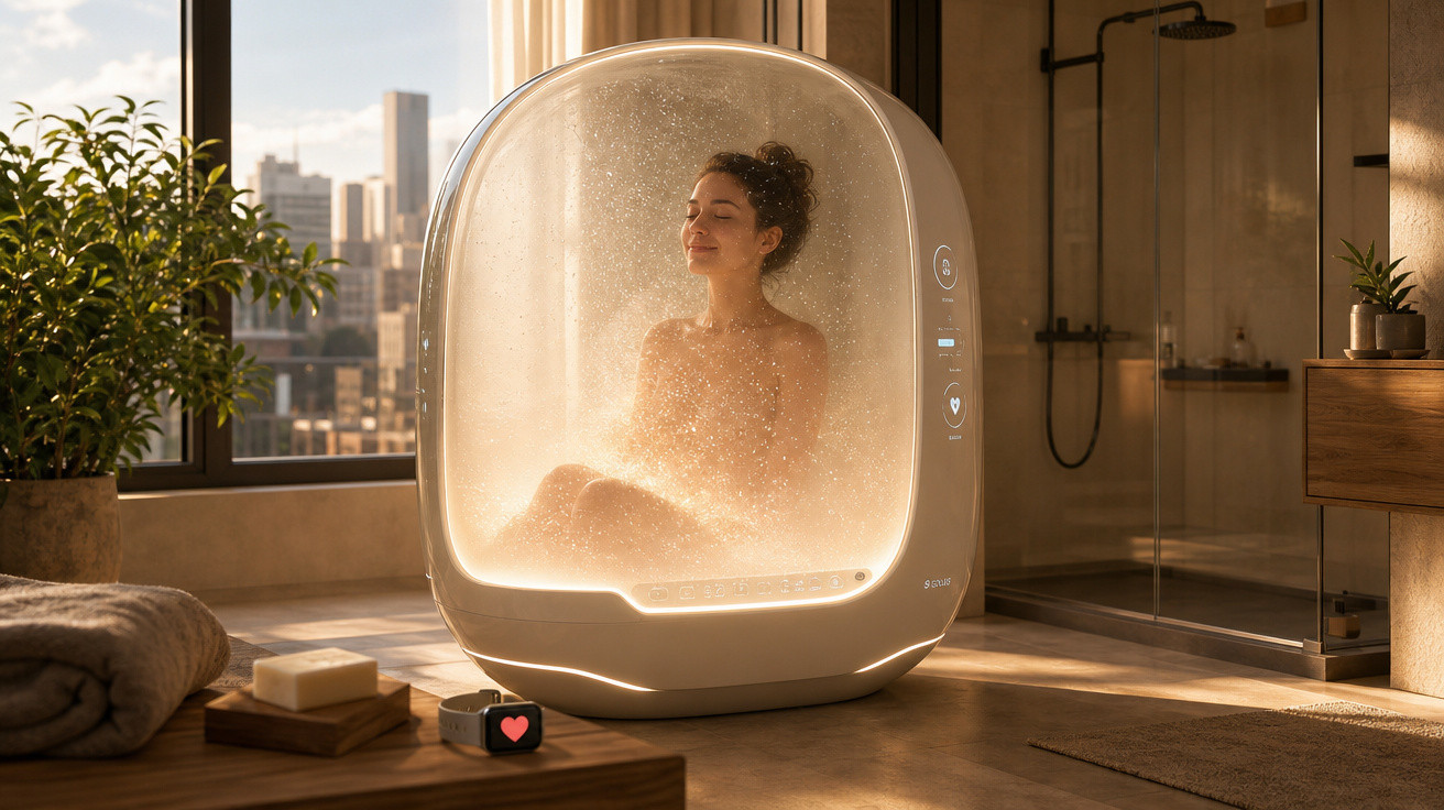 Mulher relaxando dentro de cápsula de banho futurista em banheiro moderno com vista para a cidade.