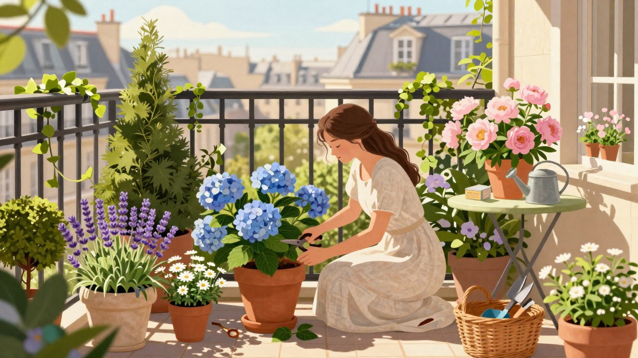 Mulher regando plantas e flores em vaso no terraço de prédio com vista urbana ao fundo.