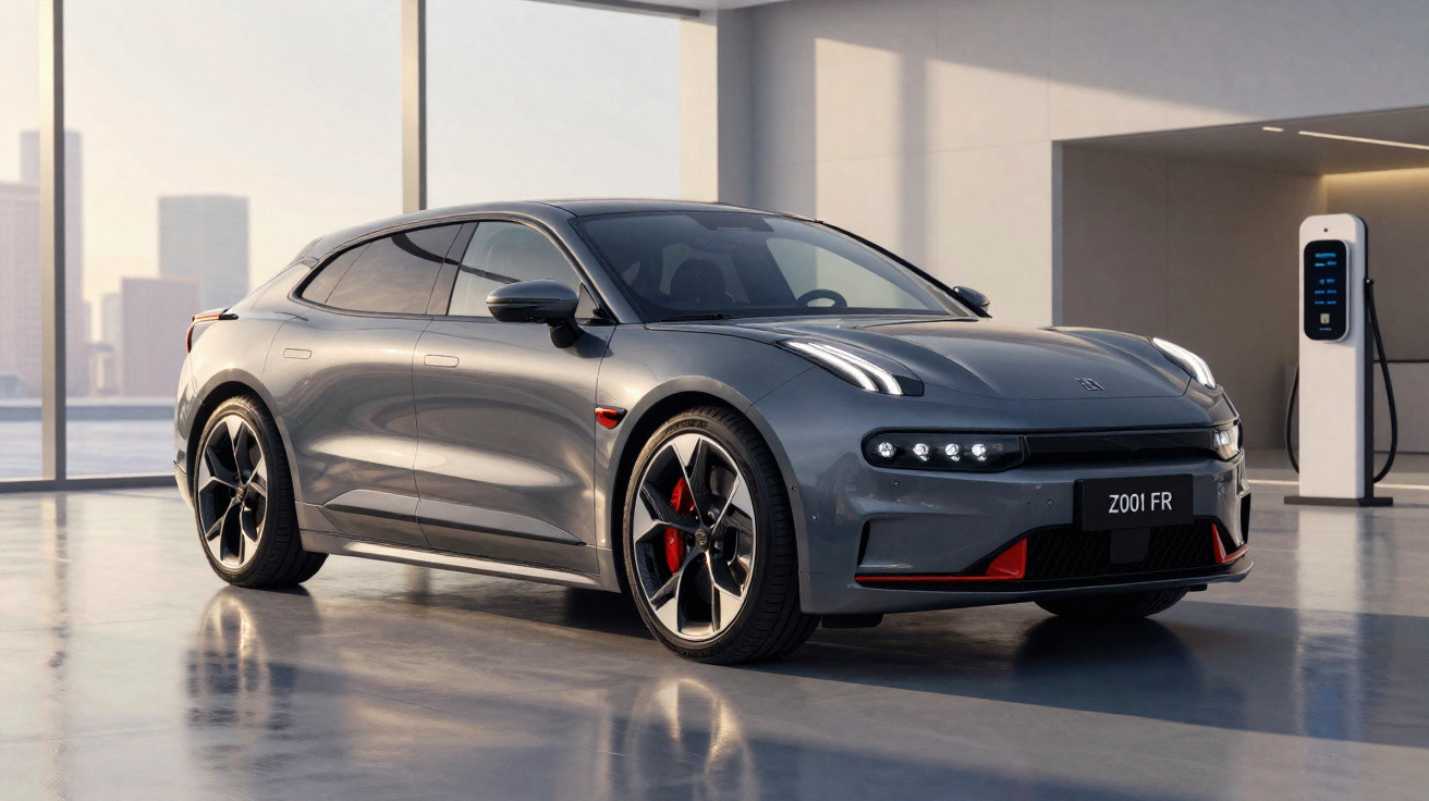 Carro elétrico esportivo cinza estacionado em garagem moderna com estação de recarga ao fundo.