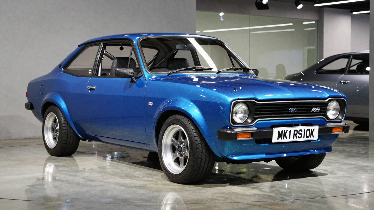 Carro esportivo clássico Ford Escort RS azul em exposição interna com iluminação moderna.