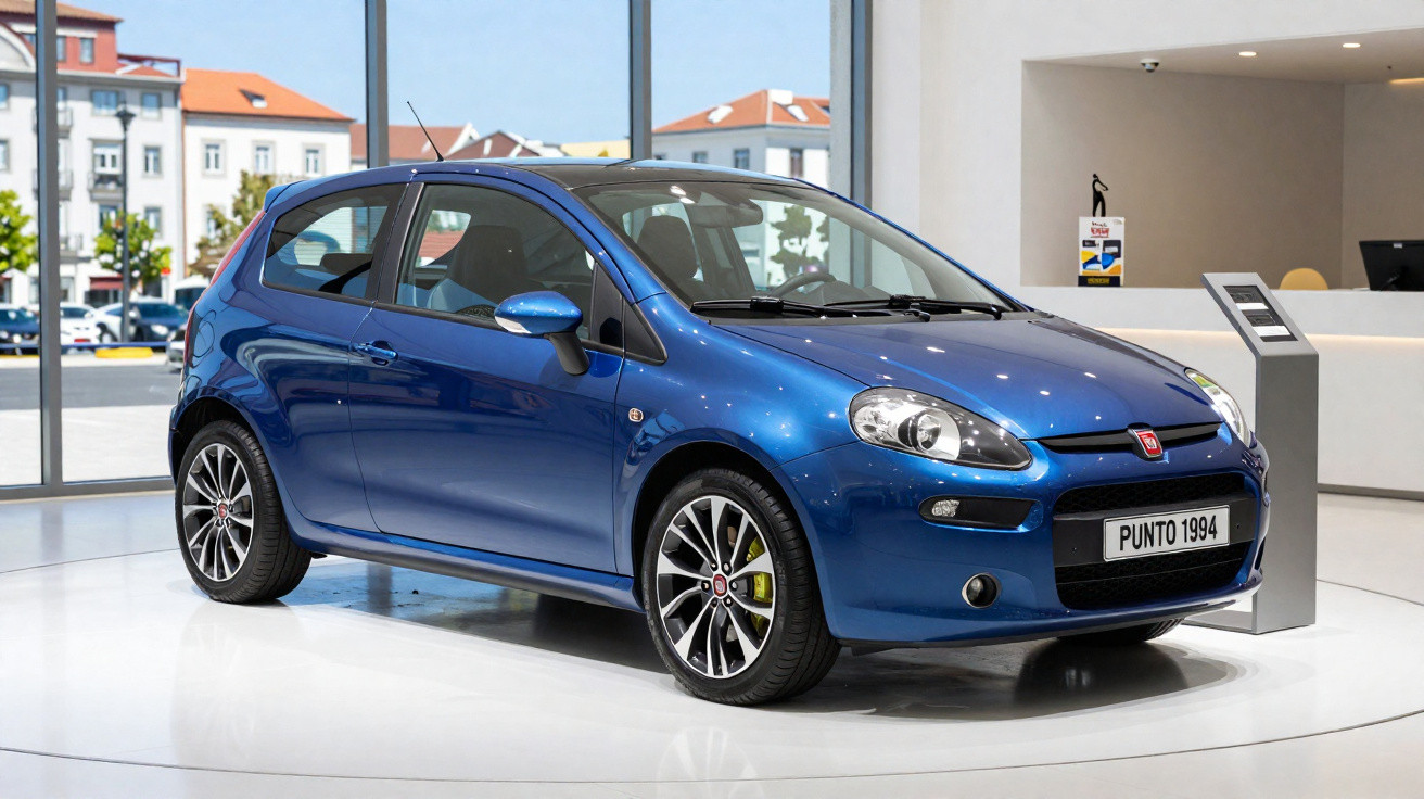 Carro Fiat Punto azul 1994 exibido em showroom moderno com grandes janelas e vista urbana.