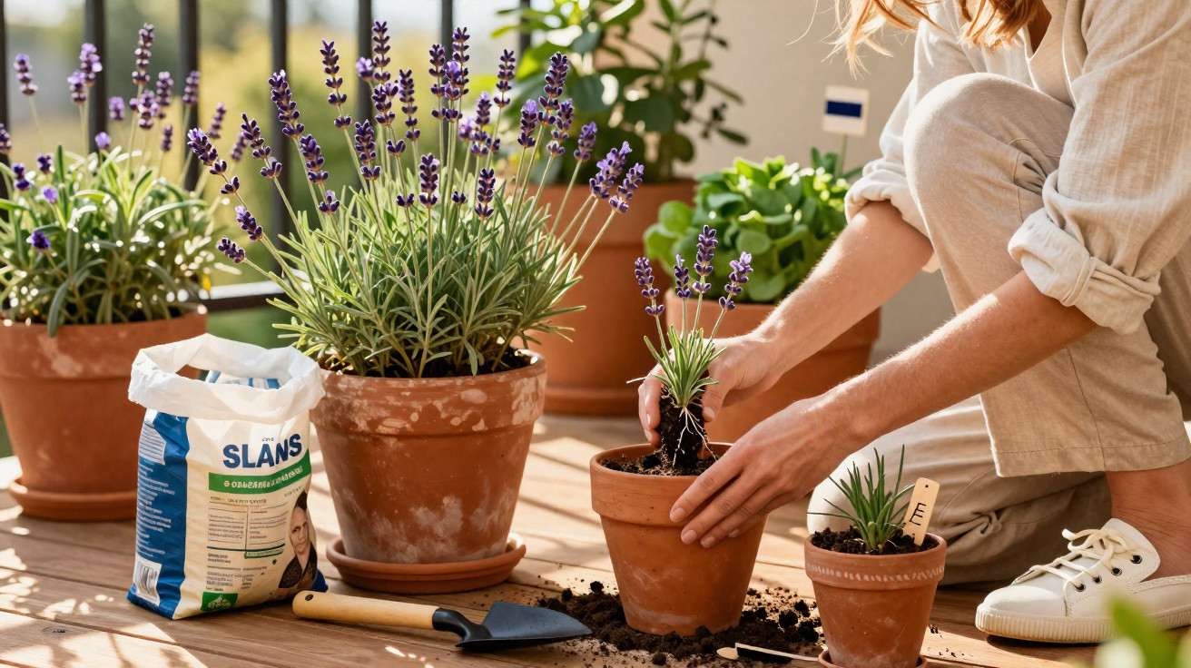 Pessoa transplantando planta de lavanda em vaso de barro em varanda com outras plantas e terra no chão.