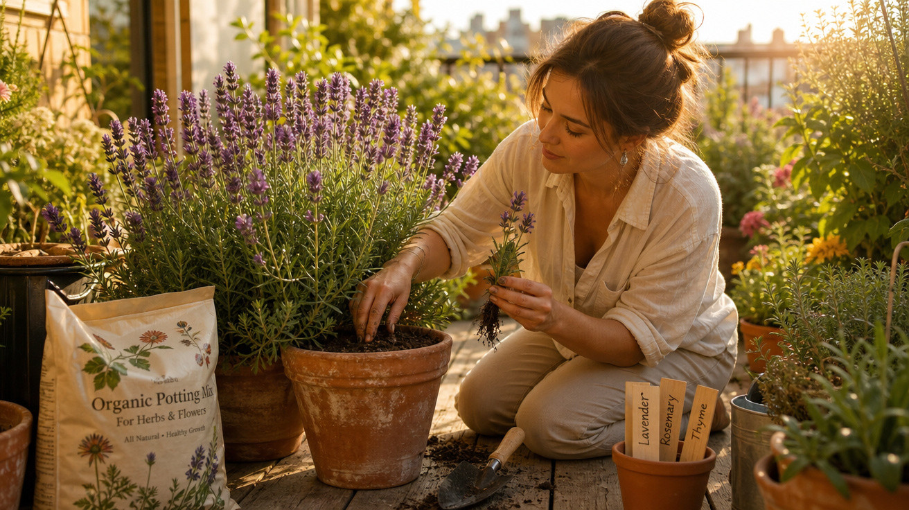 Mulher cuidando de plantas em vaso, colhendo lavanda em jardim ensolarado na varanda.