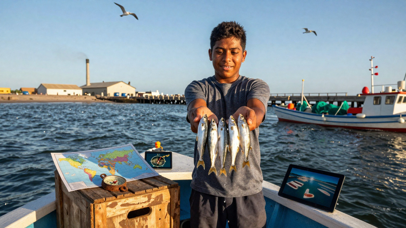Jovem em um barco segurando cinco peixes frescos com mar, barco e gaivotas ao fundo.