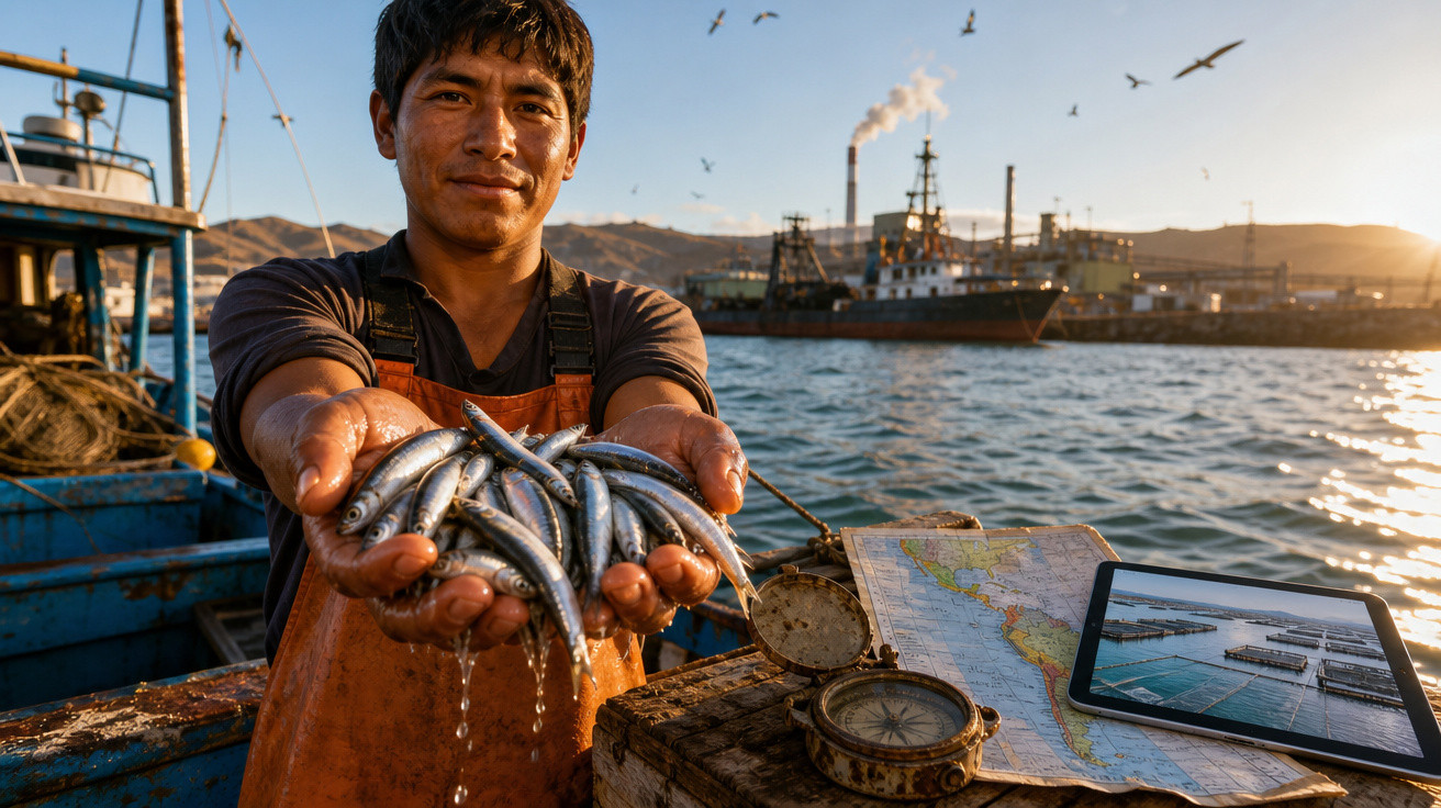 Pescador segurando peixes frescos no porto ao pôr do sol, com mapa, bússola e tablet em barco.