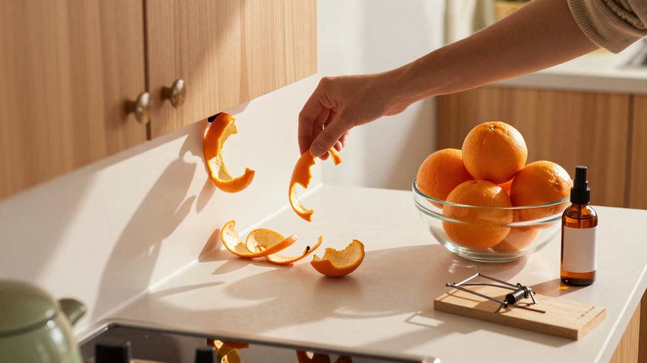 Mão segurando casca de laranja sobre bancada com descascador, tábua, frasco e tigela com laranjas.