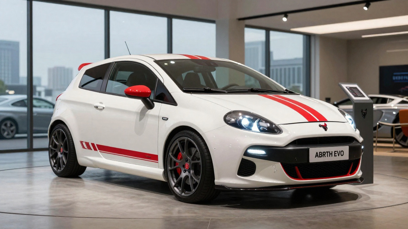 Carro esportivo branco Abarth Evo com faixas vermelhas exposto em showroom moderno.