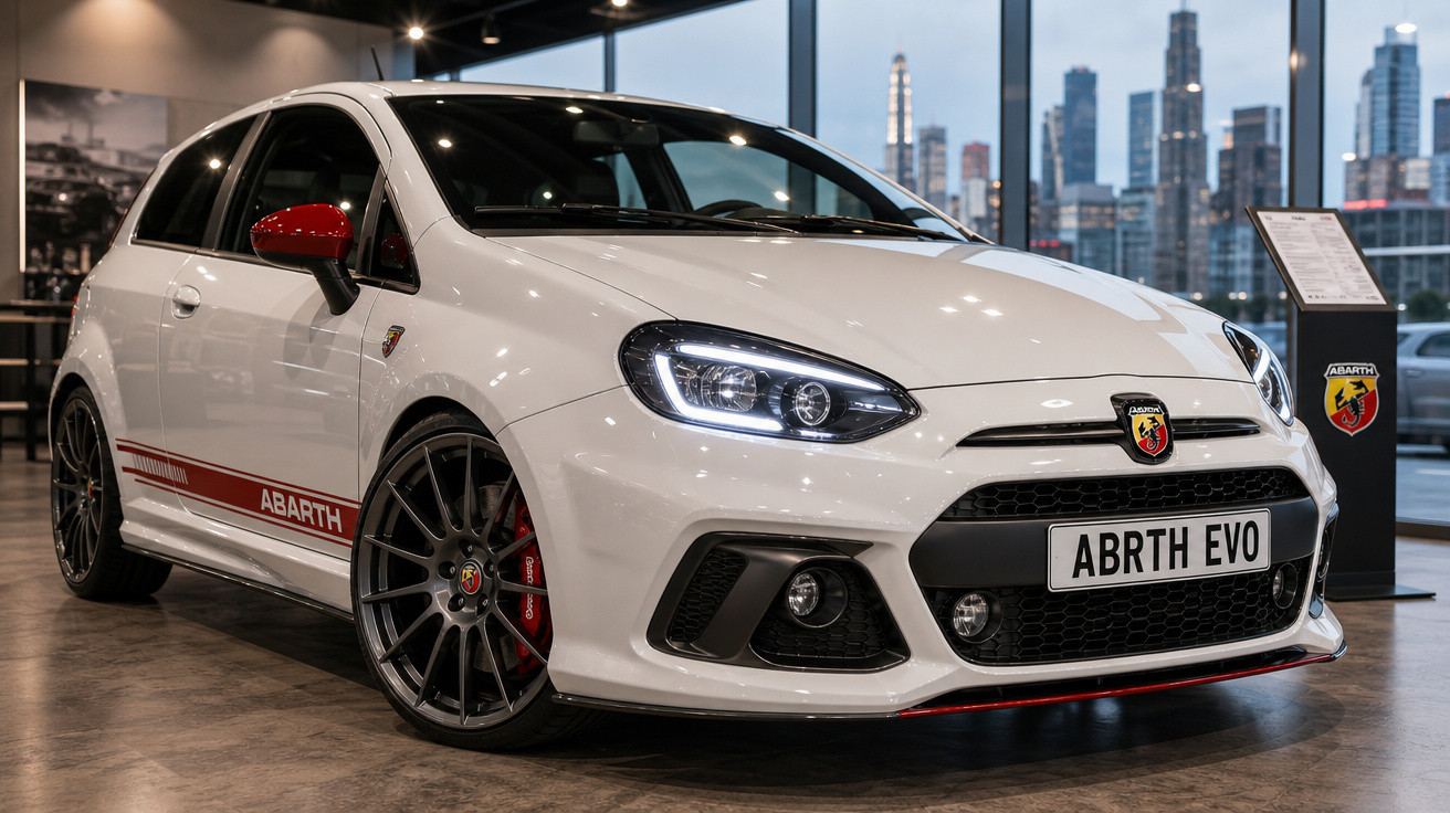 Carro esportivo branco Abarth EVO com detalhes vermelhos exibido em showroom com fundo urbano.