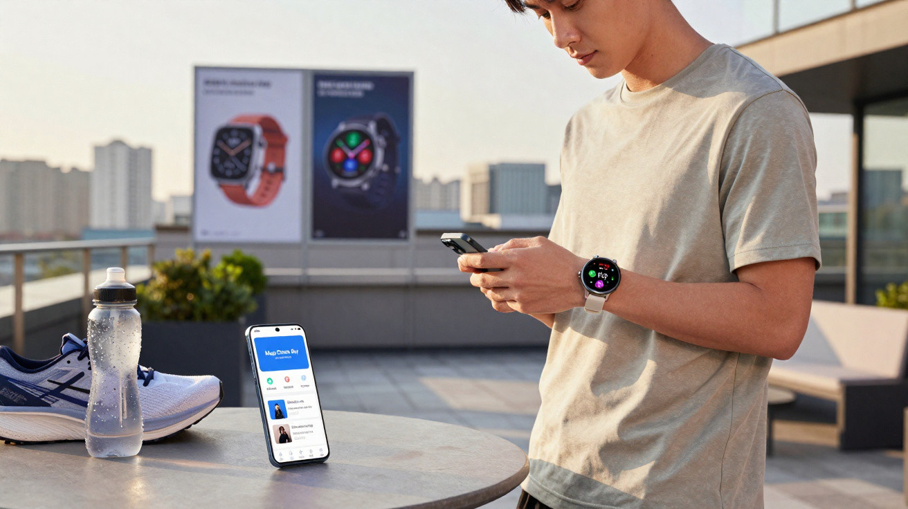 Jovem com relógio inteligente e celular em pé perto de tênis, garrafa d'água e smartphone sobre mesa ao ar livre.
