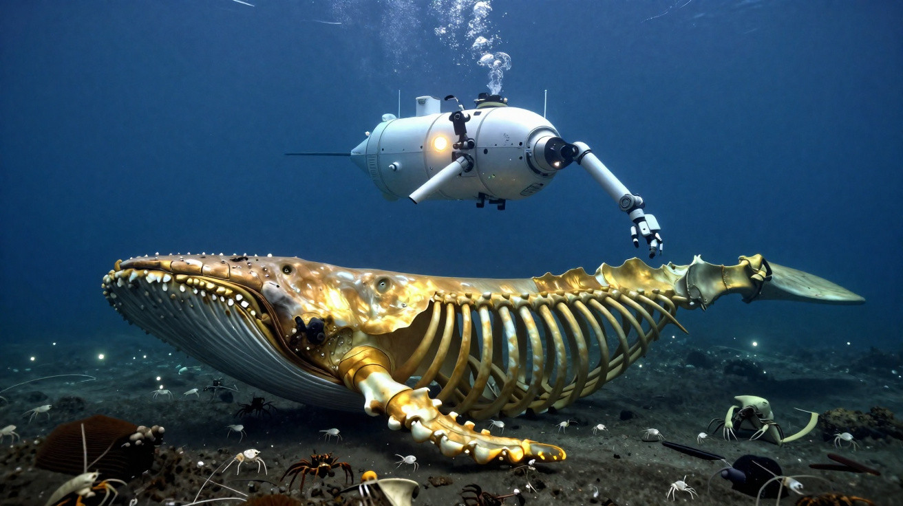 Robô subaquático explorando uma baleia mecânica dourada no fundo do oceano.