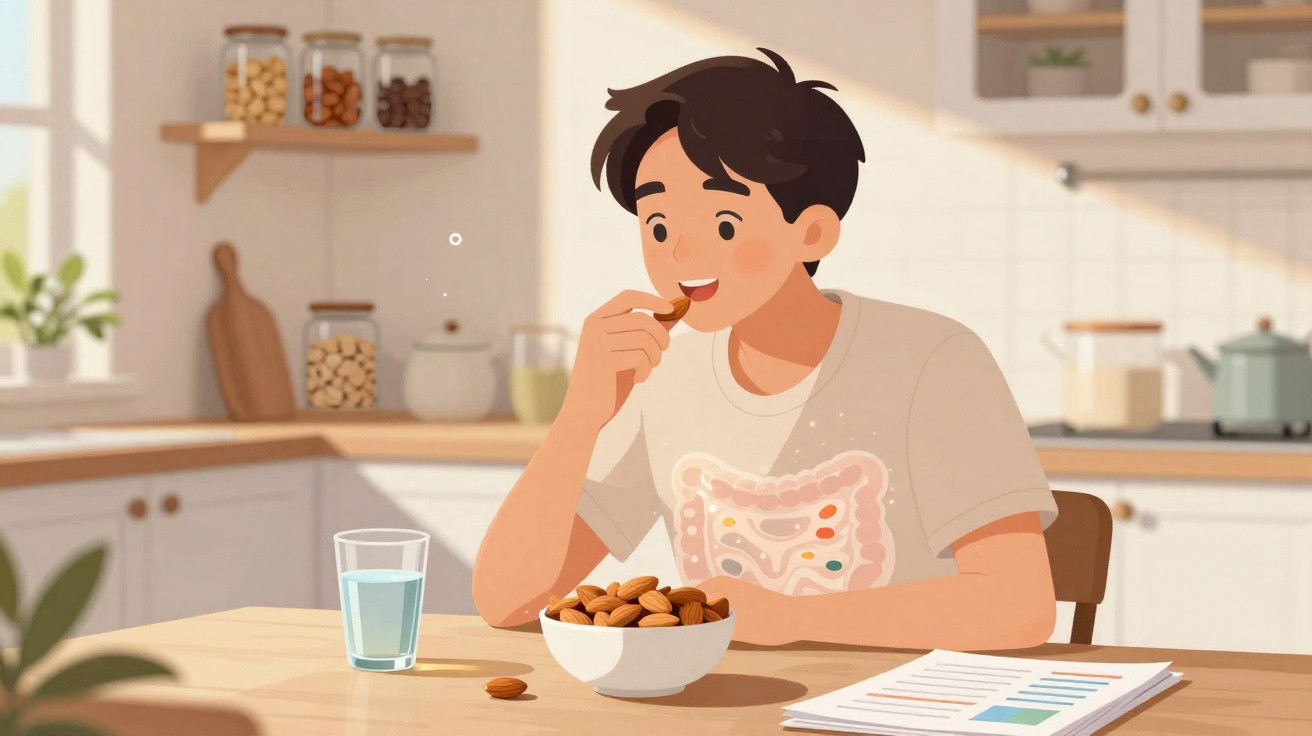 Homem em cozinha com camiseta mostrando intestino comendo amêndoas ao lado de copo d'água e documentos.