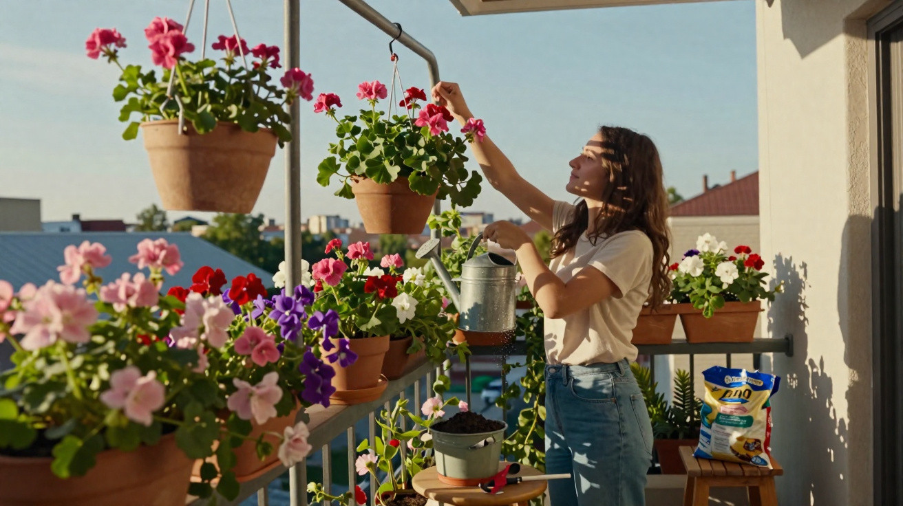 Mulher regando flores e cuidando de plantas coloridas em varanda ensolarada.
