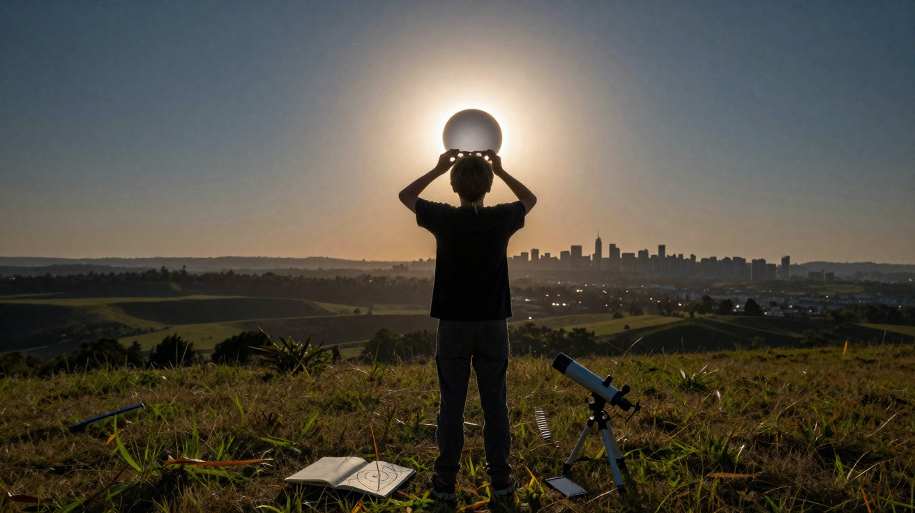 Criança segura uma bola iluminada pelo sol ao pôr do sol, com cidade ao fundo e telescópio na grama.