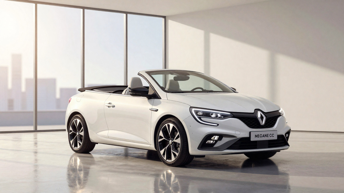 Carro conversível branco Renault Megane CC estacionado em ambiente interno moderno e iluminado.