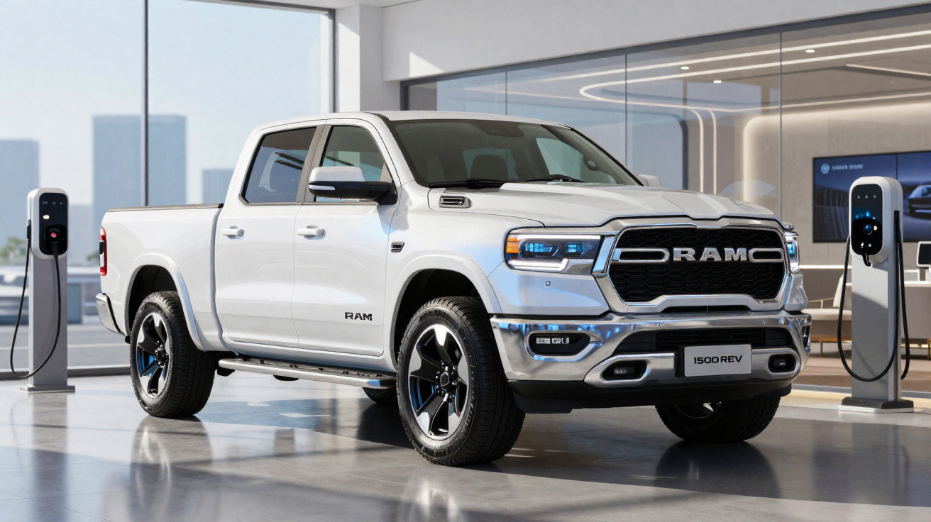 Picape elétrica branca modelo RAM 1500 REV estacionada em showroom com dois carregadores ao redor.