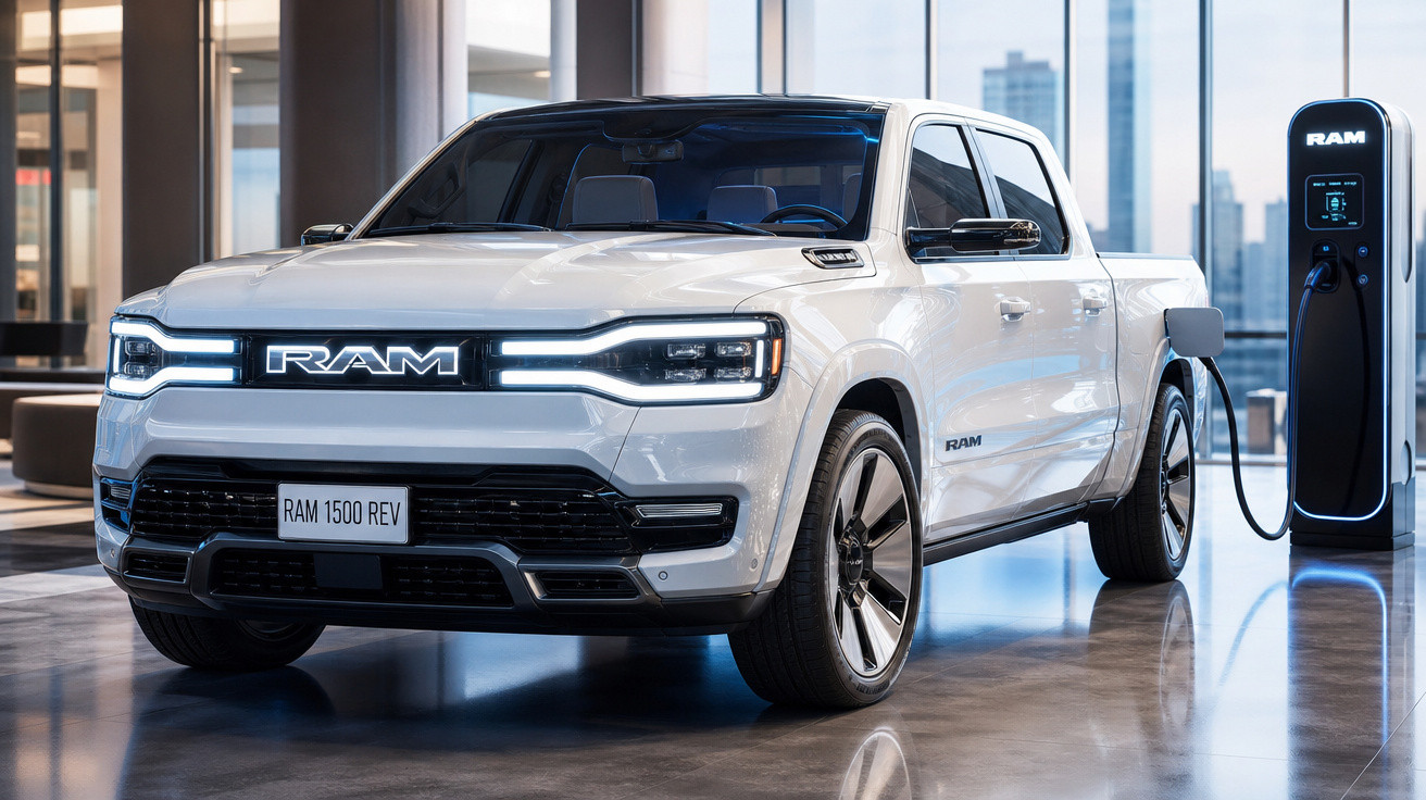 Caminhonete elétrica branca RAM 1500 REV sendo carregada em estação dentro de showroom moderno.