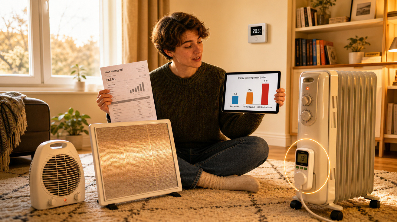 Pessoa sentada no chão de sala segurando conta de energia e tablet com gráfico ao lado de aquecedores e termostato digital.