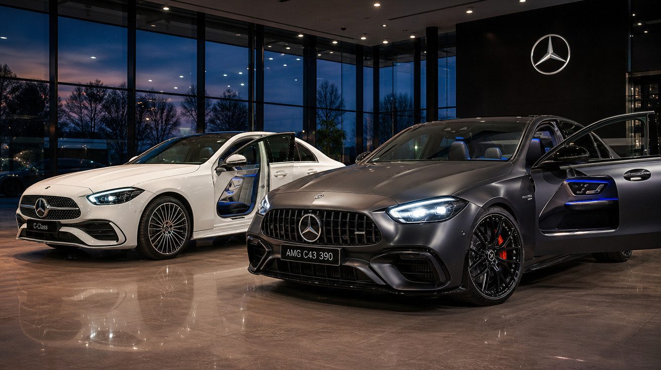 Dois carros Mercedes-Benz estacionados em showroom moderno com portas abertas ao entardecer.