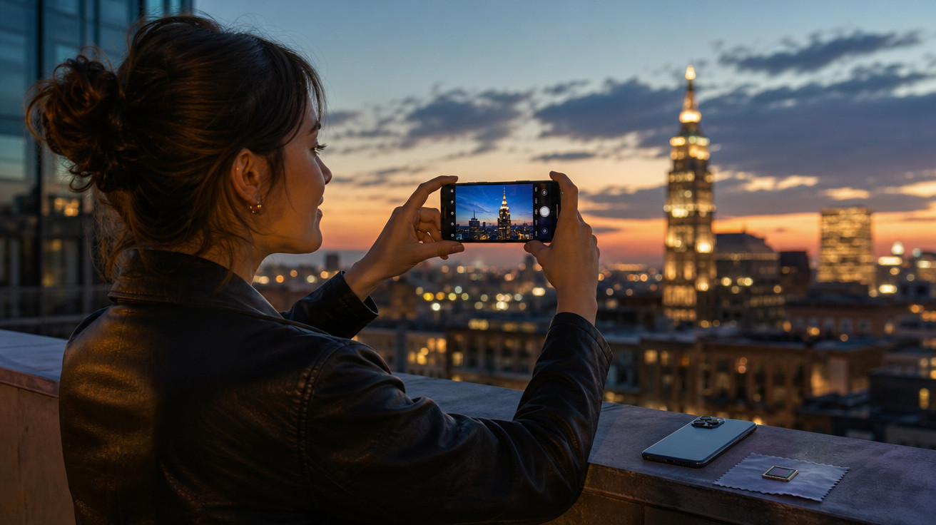 Mulher tirando foto da cidade iluminada ao entardecer com celular em varanda de prédio alto.