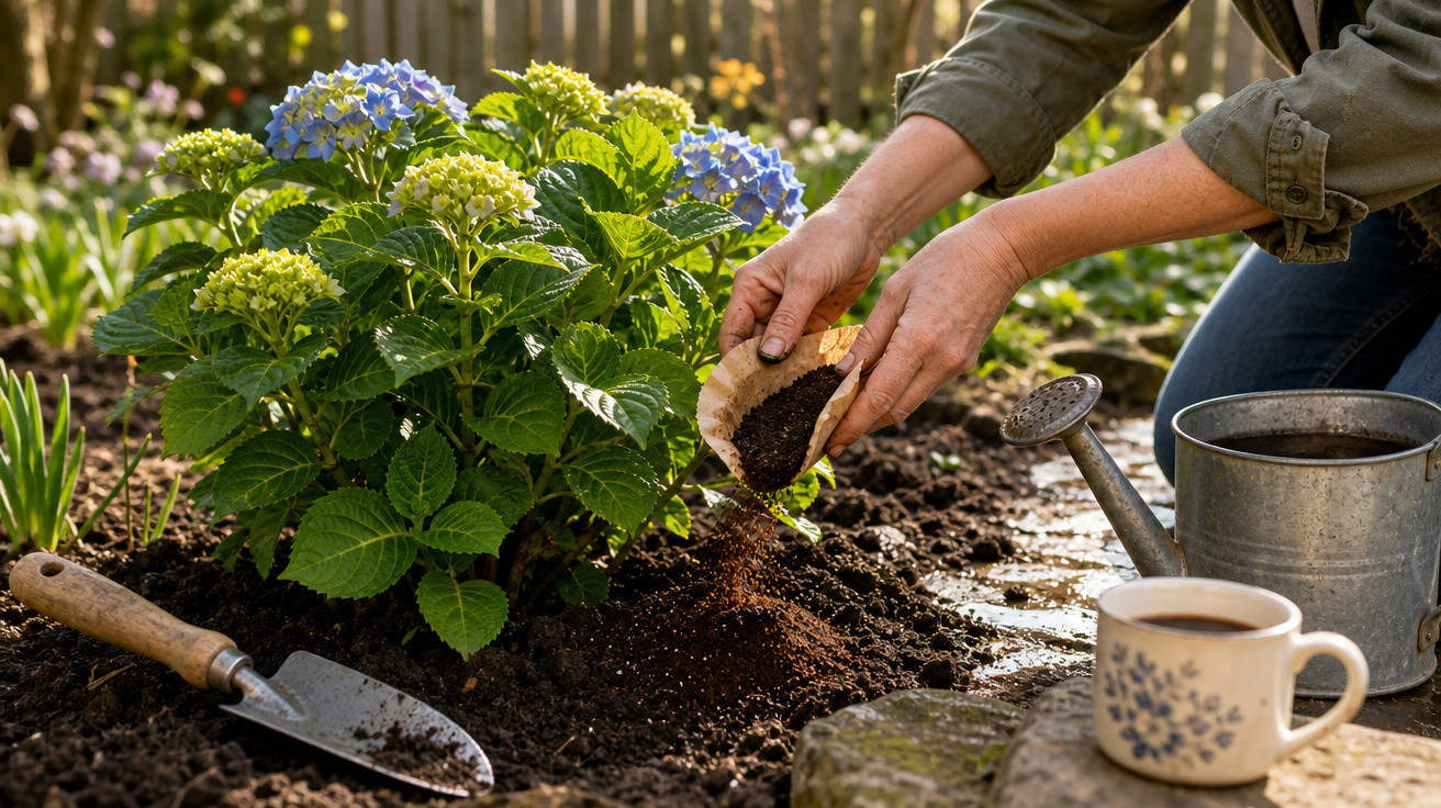 Pessoa adubando planta de hortênsia azul e verde em jardim, com regador e xícara ao lado.