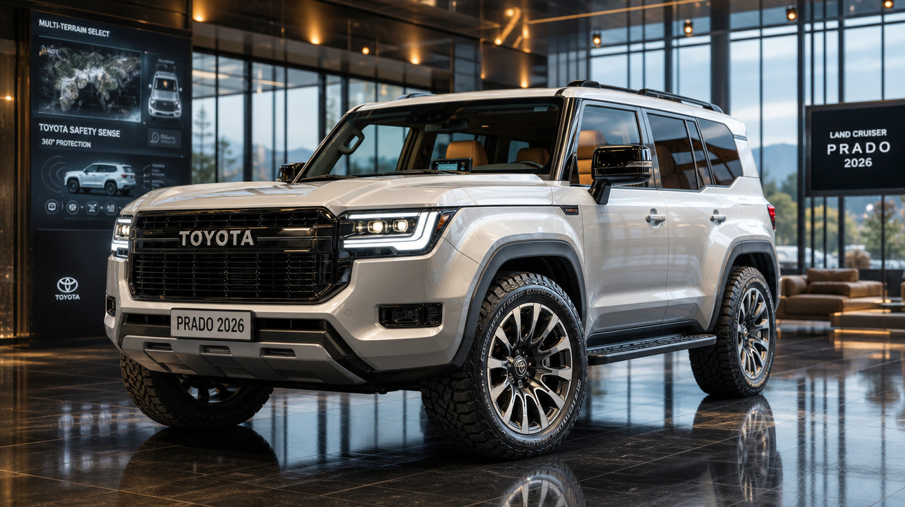 SUV Toyota Land Cruiser Prado 2026 prata em showroom moderno com iluminação sofisticada.