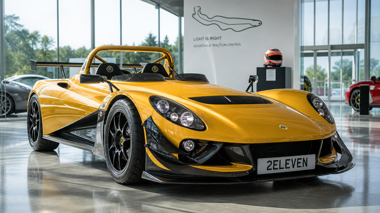 Carro esportivo amarelo Lotus 2-Eleven em exposição em showroom com iluminação natural.