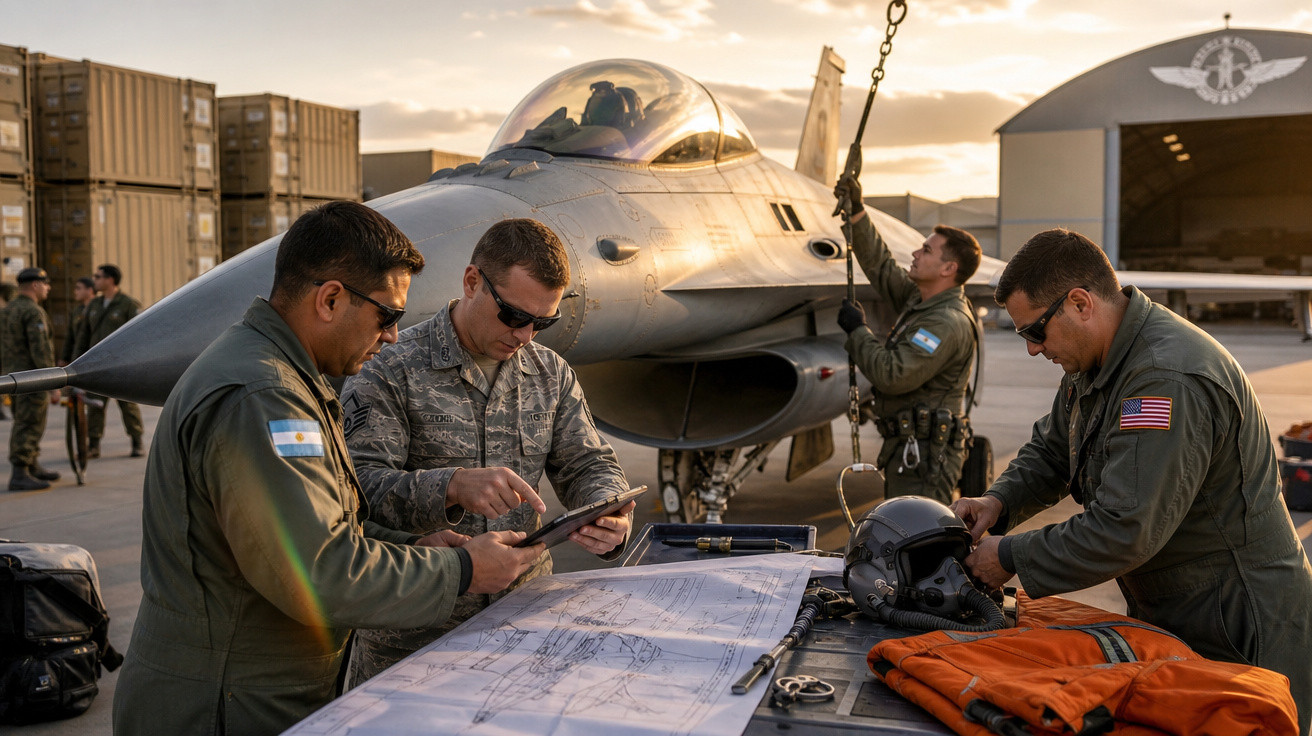 Militares de Estados Unidos e Argentina trabalham em planejamento próximo a um caça em base aérea ao pôr do sol.