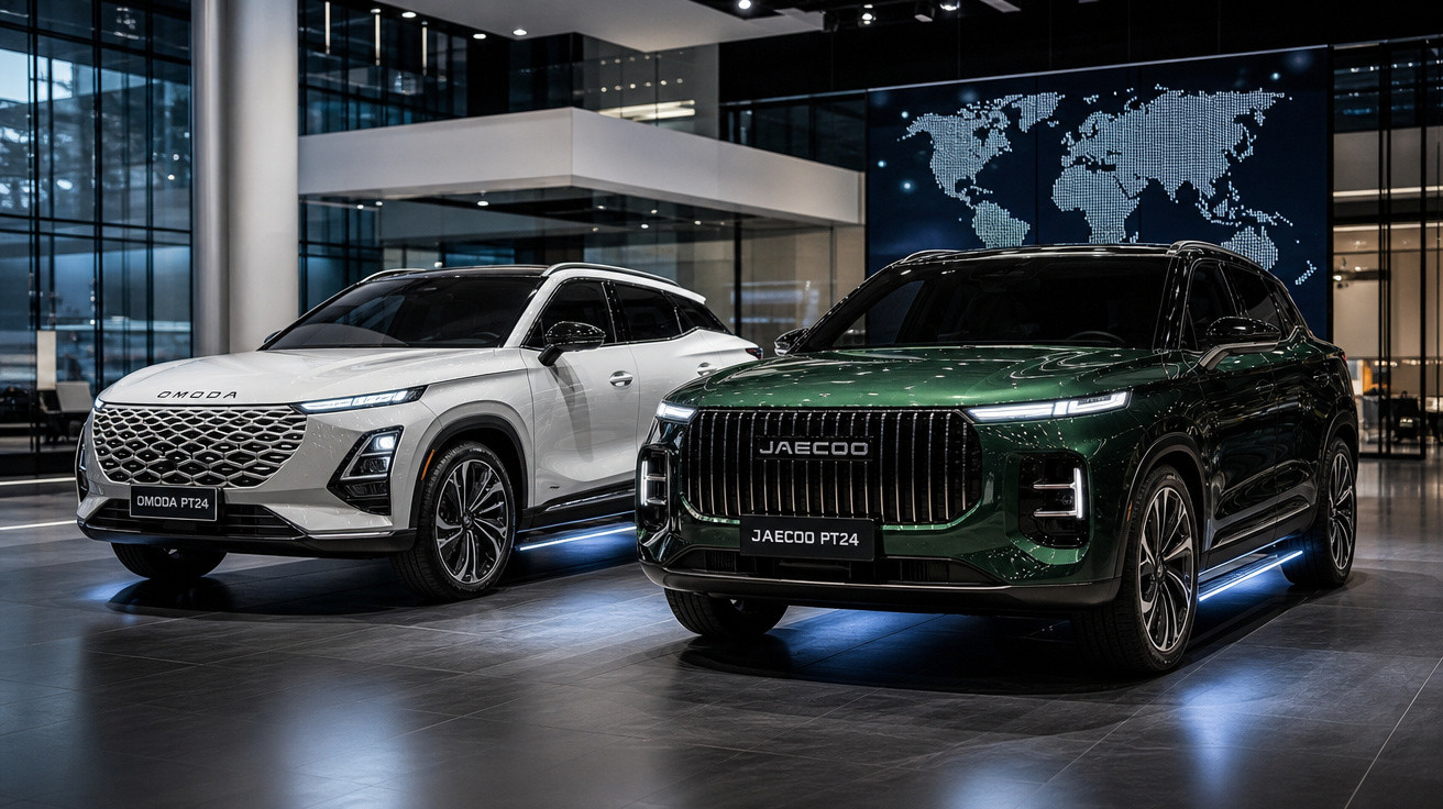 Dois SUVs modernos, Omoda PT24 branco e Jaecoo PT24 verde, em showroom iluminado com mapa mundi ao fundo.