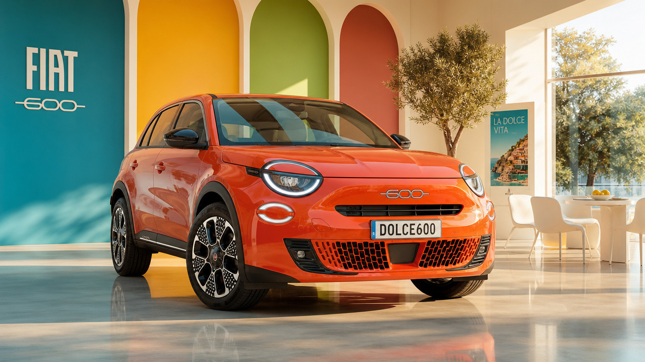 Carro Fiat 600 na cor laranja exibido em ambiente interno moderno com paredes coloridas e luz natural.