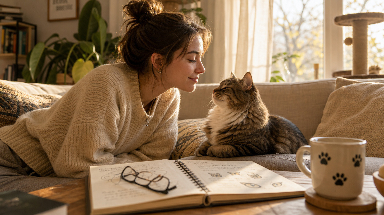 Mulher de suéter bege de frente para gato em sofá, livro aberto e caneca com pegadas na mesa à frente.