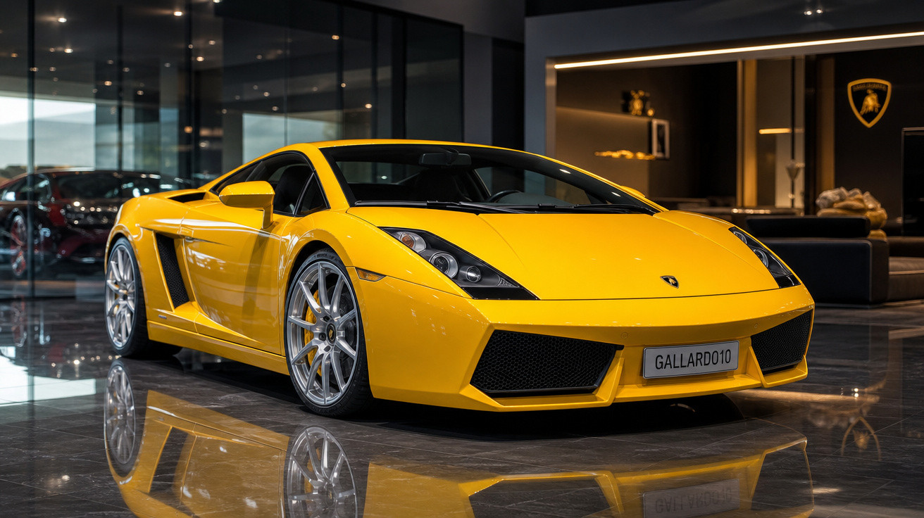 Carro esportivo Lamborghini Gallardo amarelo em showroom luxuoso com chão espelhado.