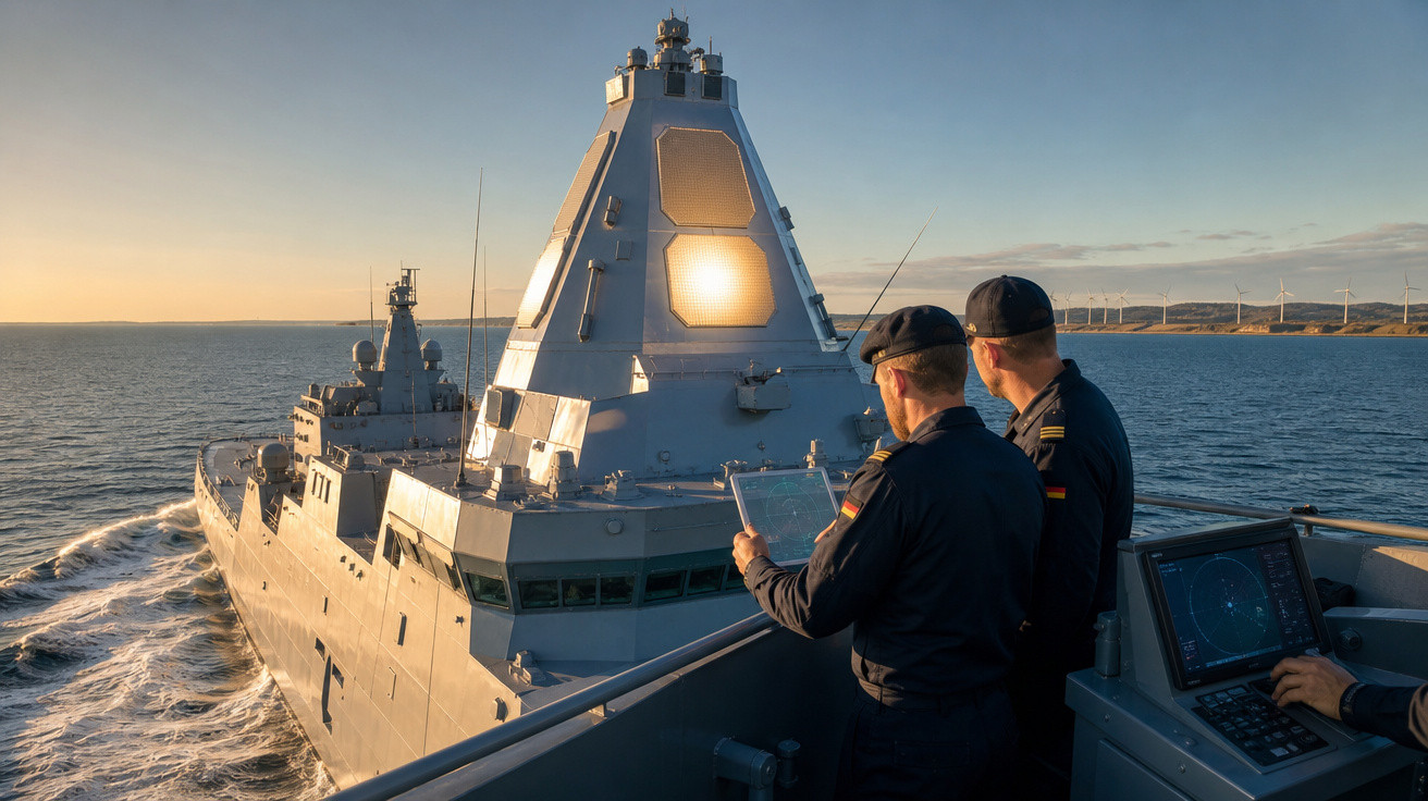 Dois marinheiros observam e operam equipamentos em um navio militar no mar ao pôr do sol.