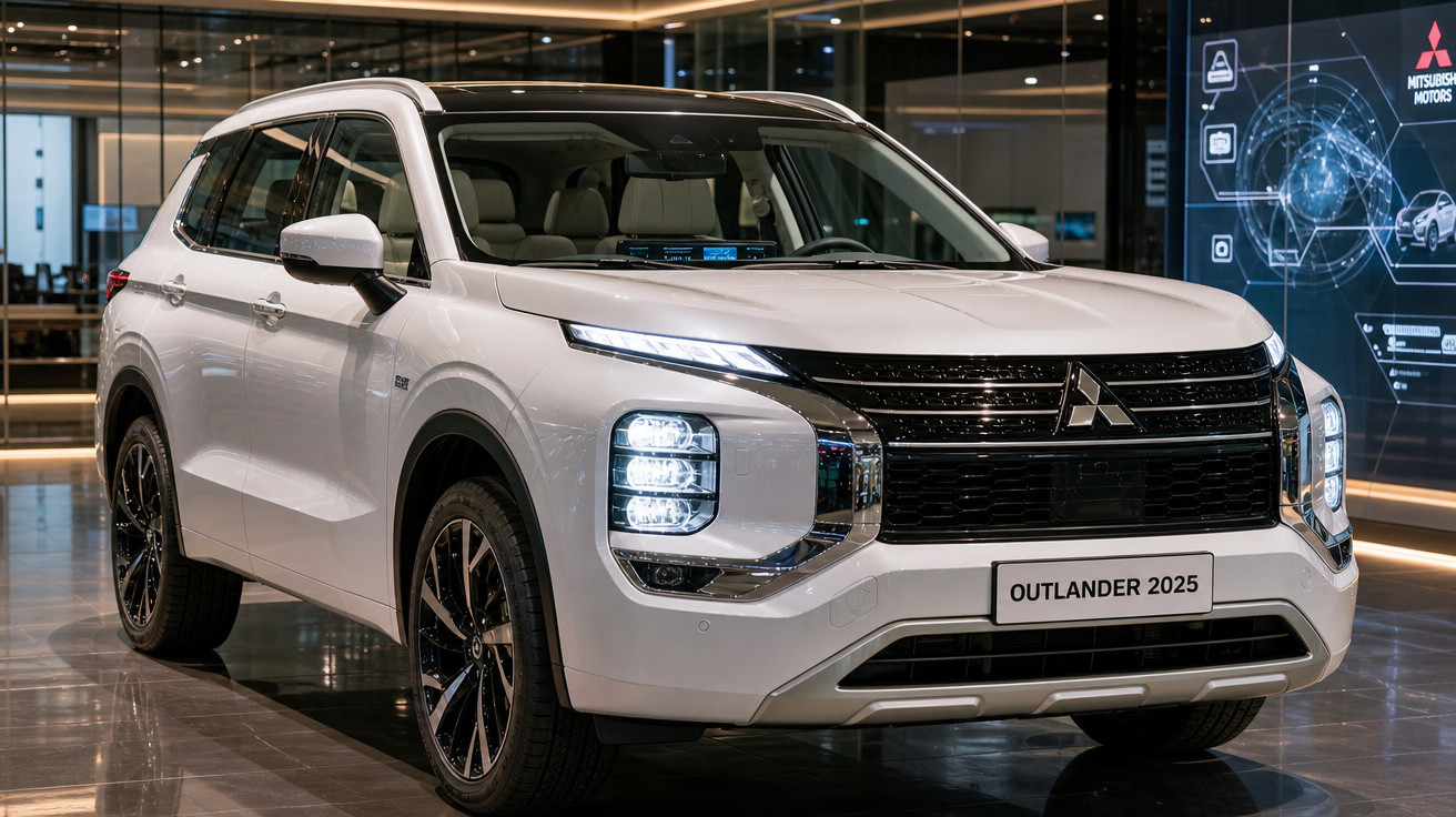 SUV branco Mitsubishi Outlander 2025 exibido em showroom com iluminação moderna e painel digital atrás.