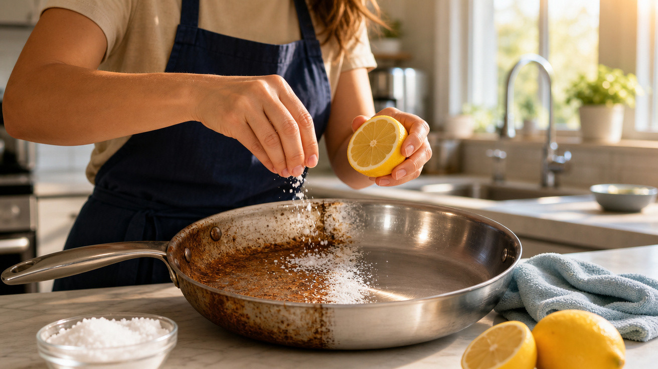 Pessoa temperando frigideira com sal e limão na cozinha ensolarada, ao lado de frutas e pano azul.