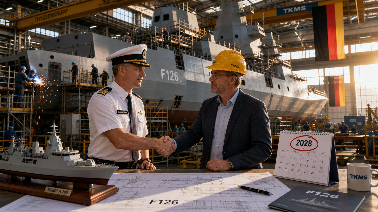 Capitão naval e engenheiro apertam mãos em estaleiro com projeto de navio e calendário marcado em 2028.