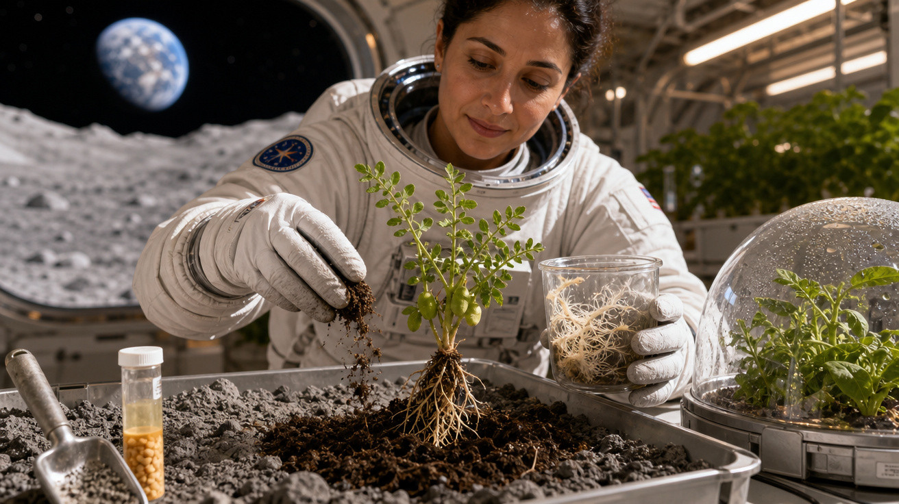 Astronauta feminina cuidando de planta com raízes em laboratório espacial com a Terra vista ao fundo.