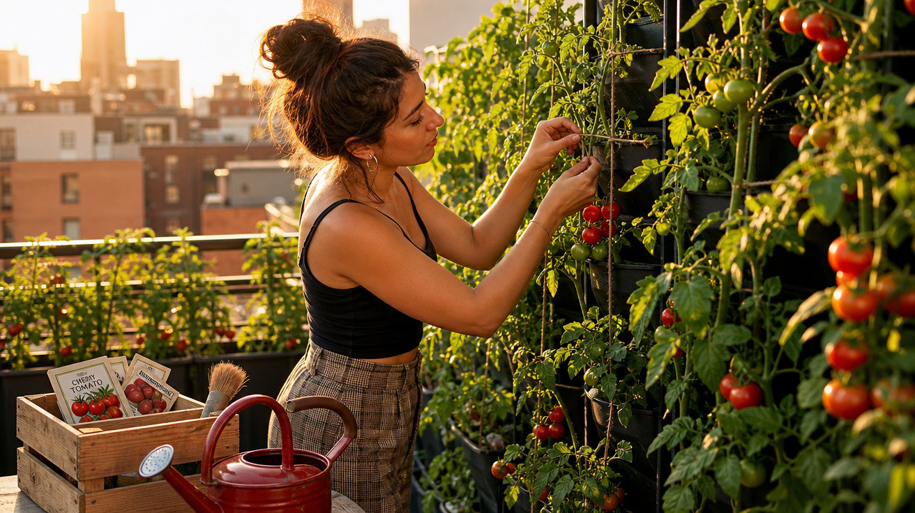 Mulher cuidando de tomateiras em horta urbana no terraço ao pôr do sol, com regador e sementes ao lado.