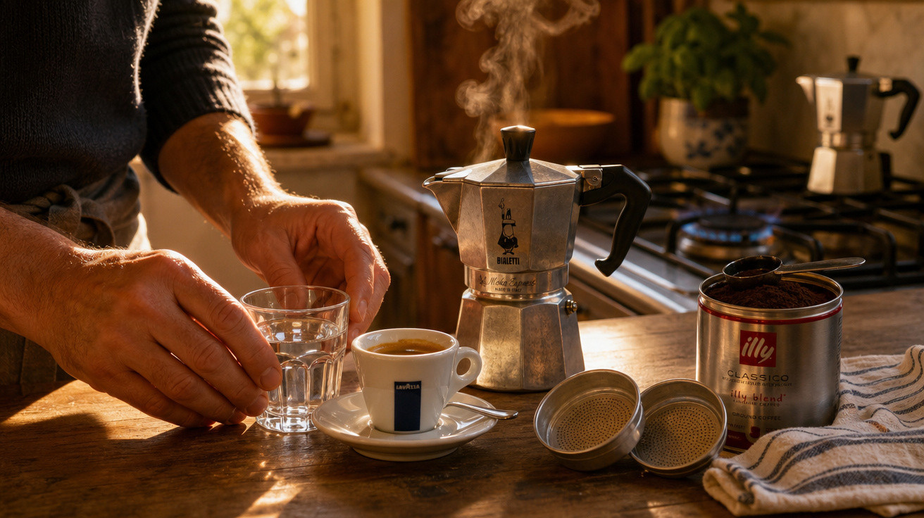 Pessoa colocando copo de água ao lado de xícara de café, cafeteira italiana e pó de café na bancada da cozinha.