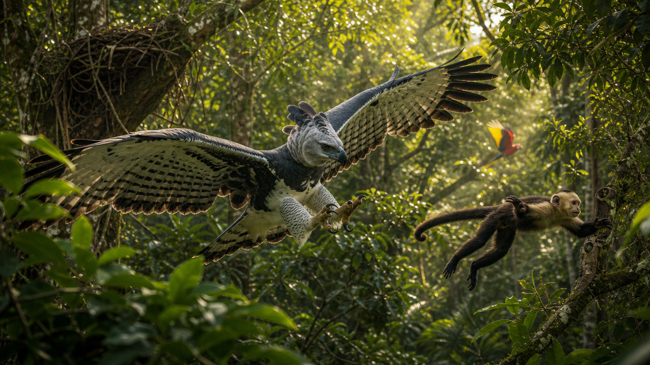 Gavião arpia voando atrás de um macaco-prego em floresta densa iluminada pelo sol.