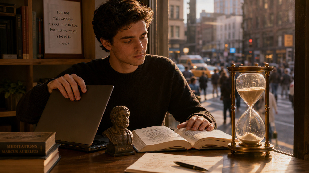 Jovem lendo livro ao lado de ampulheta, com busto de Sêneca e cidade movimentada ao fundo.